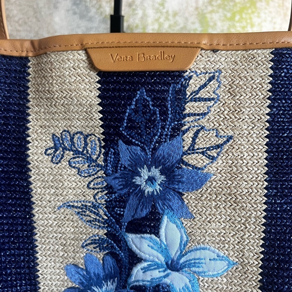 Vera Bradley Navy and Cream Floral-Embroidered Straw Tote with Tan Handles - Picture 4 of 12